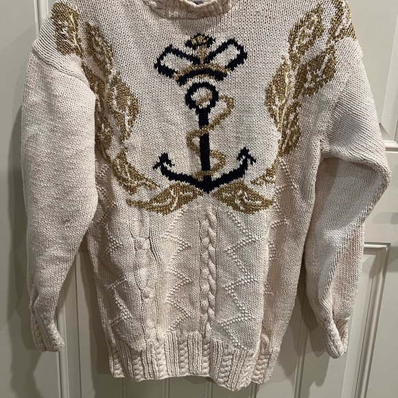 Melbourne HAND KNIT Medium Cozy Cream and Gold Nautical Crew Neck Sweater - Picture 2 of 10